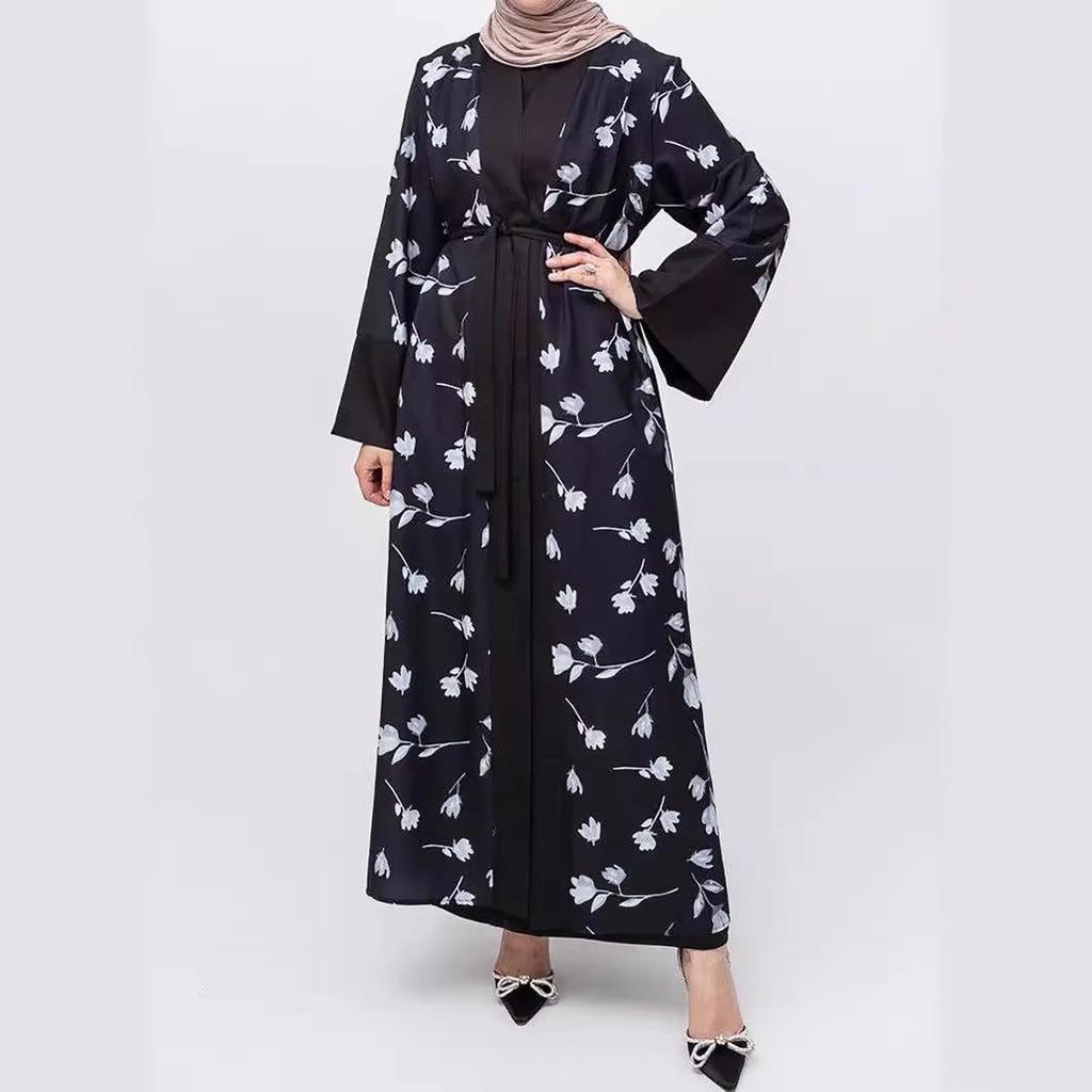 M259 Women's Color Block Flared Sleeve Muslim Abaya Cardigan Dress
