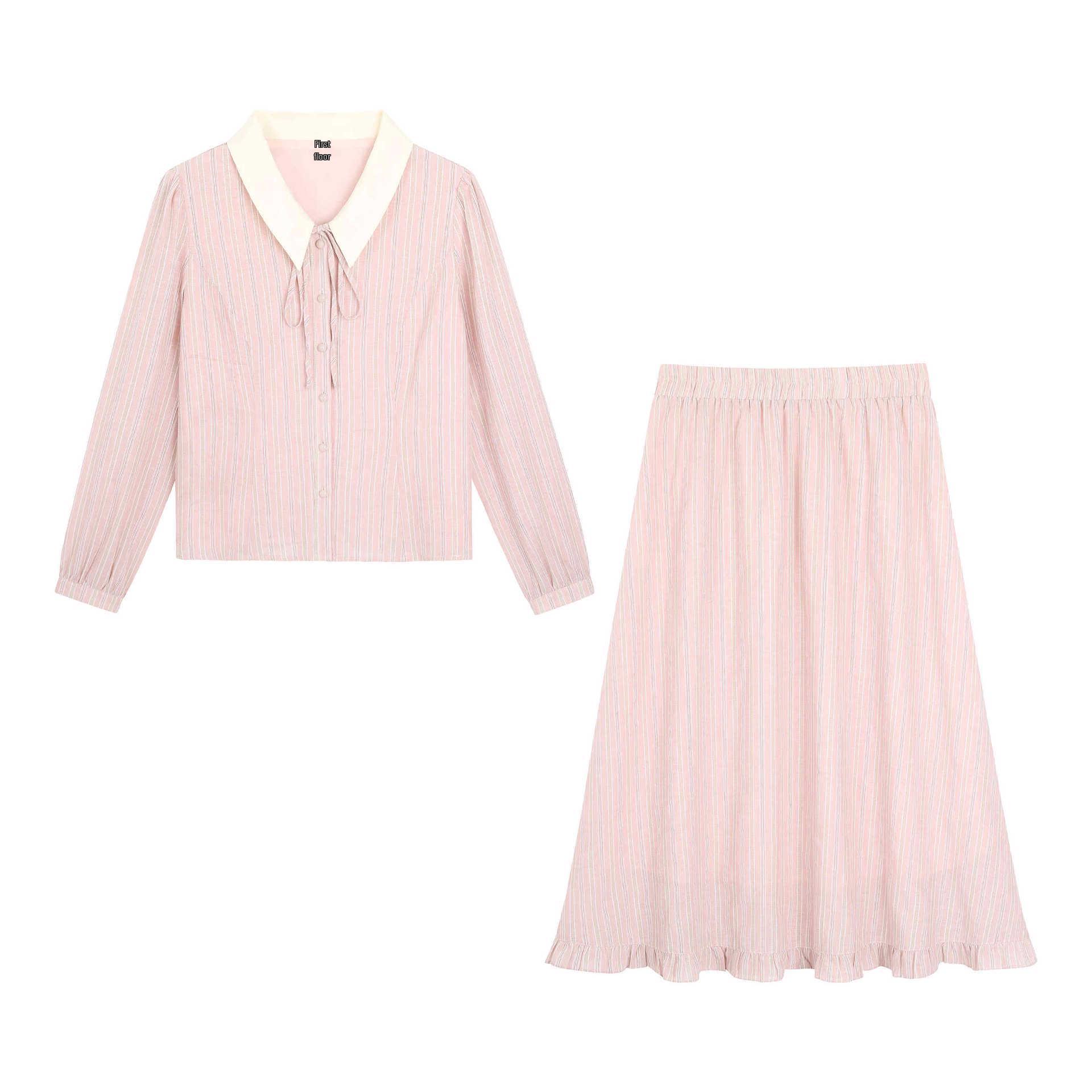 

Spring Lapel Striped Set: Plus Size Women s Clothing with Elastic Waist and Ruffled Hem 2XL (recommended for 70-80 kg)