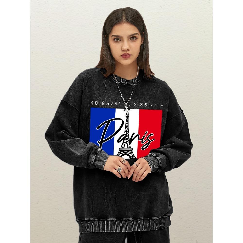 Paris City Of Love Since Art Letter Print Women Washed Sweatshirt Cotton Loose Pullover Autumn Crewneck Woman Sportswear