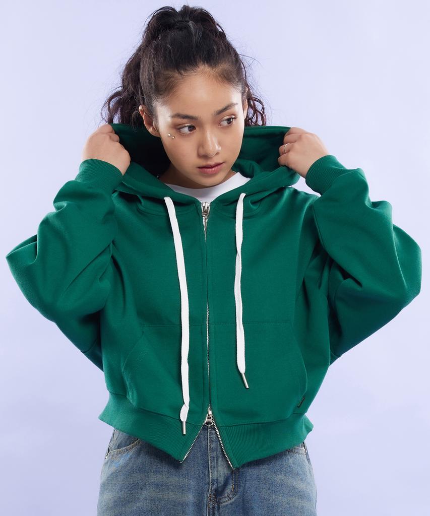 Cream Soda Lab Plain All Season Two-Way Crop Zip-Up Hoodie Green
