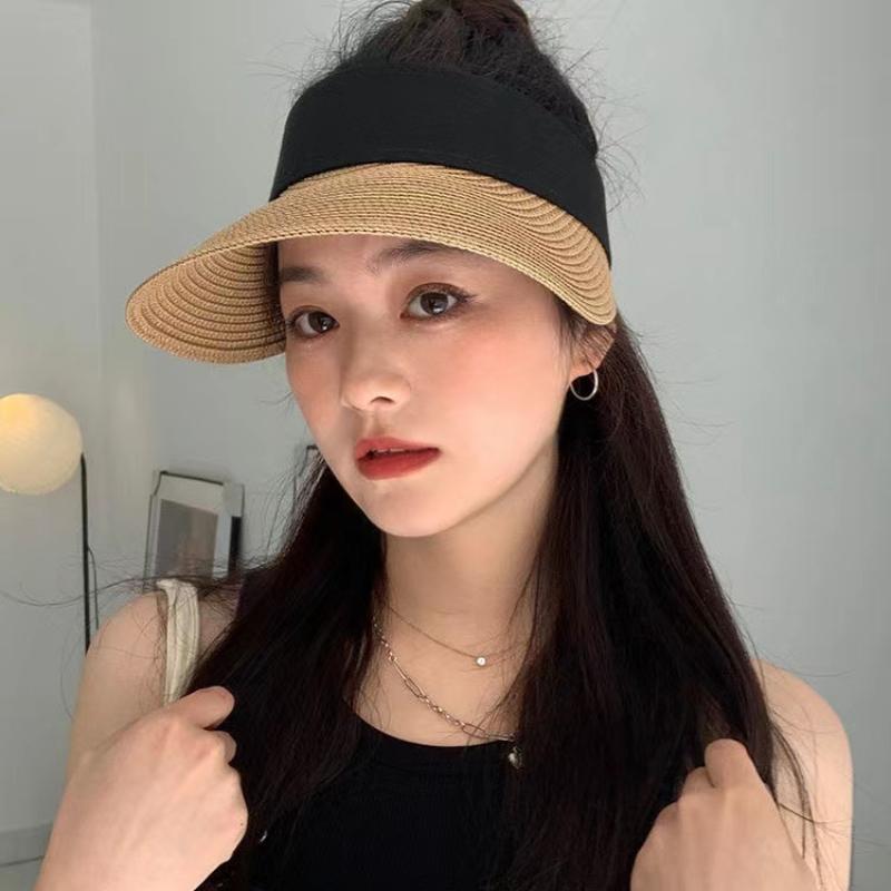 Magic Tape Panama Women Straw Hat Empty Top Summer Hat Sun Protection Outdoor Sports Fishing Beach Cap Elegant Street Cap