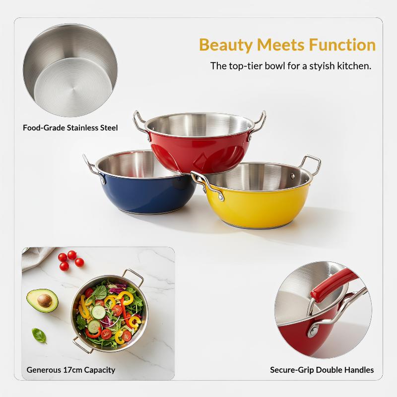 Kitchen Cooking Bowls Stainless Steel Dual Handle Colored Design 17Cm For Serving Food And Storage Tasks 1Pc