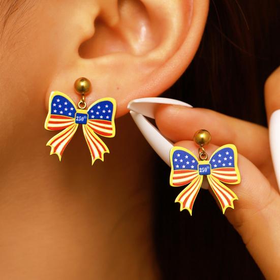Yousheng 250th Anniversary Jewelry Set, USA Flag Pattern Bowknot Stud Earrings, Adjustable Fit Choker Necklace, Independence Day Commemorative Bow
