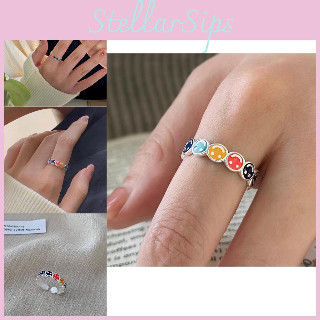 Korean Rainbow Smiley Face Adjustable Ring Elegant Copper Fashionable Design For Women