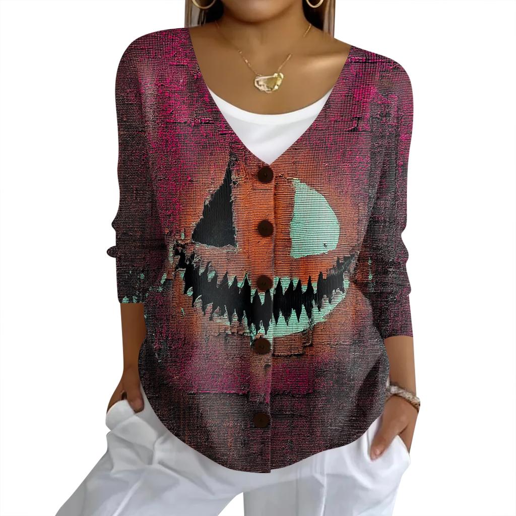 Women's Fashion Casual Knit Sweater Button-Up Halloween Printed  Cardigan Jacket