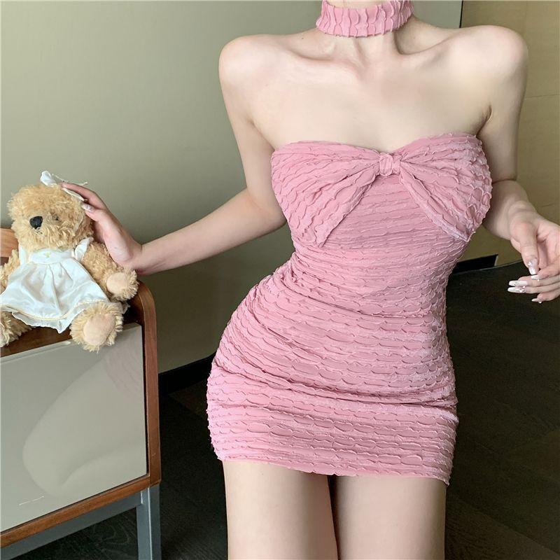 Cotton Off Shoulder Dress With Bow Tie And Slim Fit For Casual Women