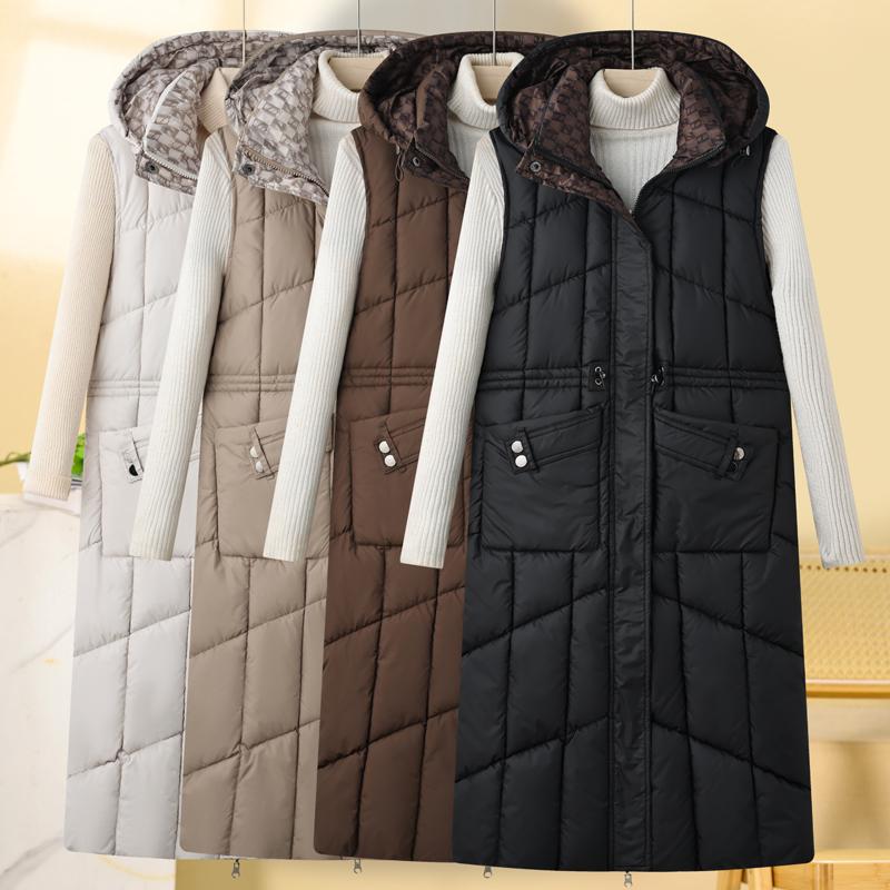Fashion Warm Long Vest Woman Wear On Both Sides Sleeveless Parka Hooded Casual Thick Winter Women's Jackets