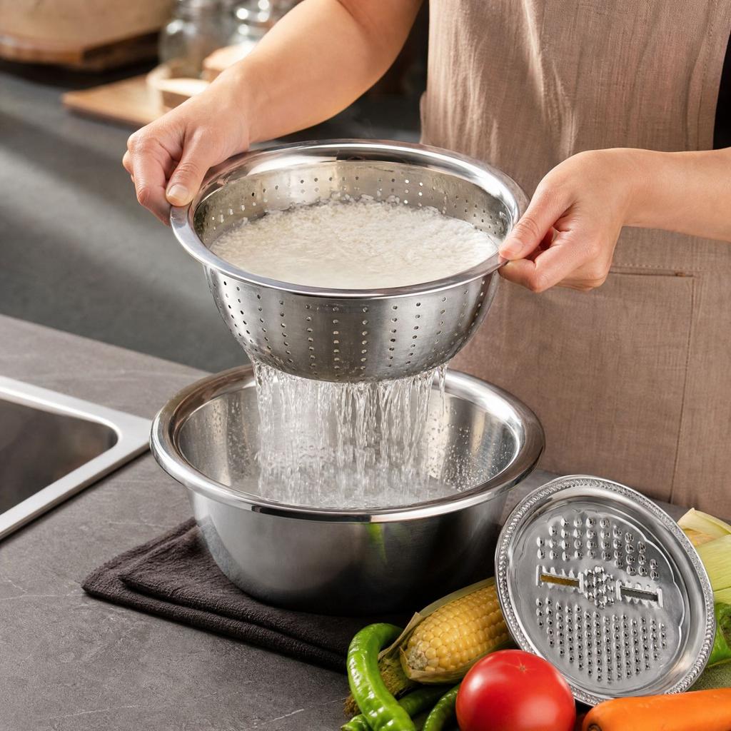 Multifunctional Thickened Stainless Set with Colander and Grater, 3-Piece Kitchen Bowl Set for Washing Vegetables and Rice