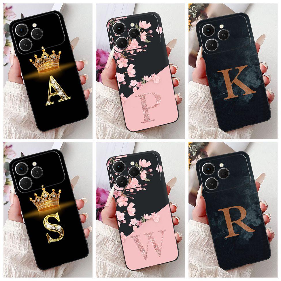 For Tecno Spark 40 Case Black Silicone Luxury A-Z Letters Fashion Flowers Crown Shockproof Cover For Techno Spark 40 Phone Case
