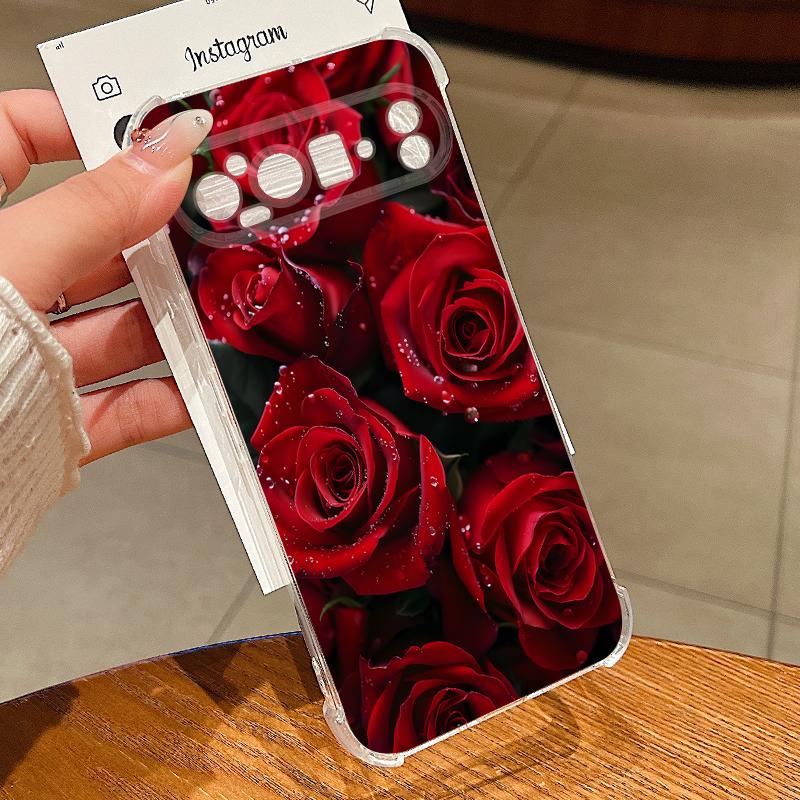 Scarlet Red Rose Flower Pattern Case For Google Pixel 9 Pro XL 9A Shockproof TPU Silicone Clear Soft Cover