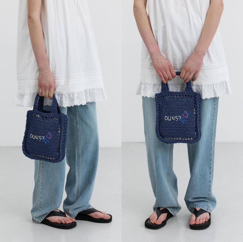 Dunst Hand Drawing Bloom Mini Bag — Handmade Paper Yarn Mini Tote with Floral Embroidery | Korean Designer | Navy / Natural Cream