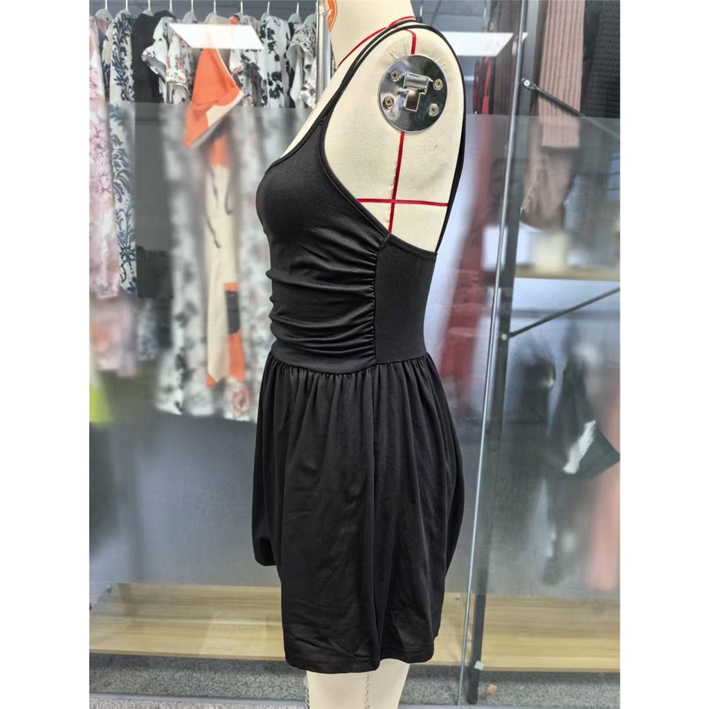 Women's Solid Color Sleeveless Halterneck Suspender Jumpsuit Pleated Waist Shorts