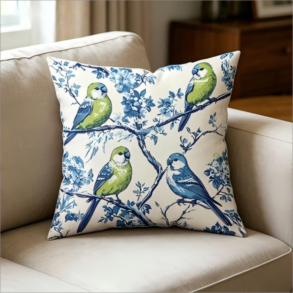 Vintage Blue Bird Floral Print Pillow Cover, Retro Botanical Parrot Cushion Case For Sofa Bedroom Living Room Home Decor