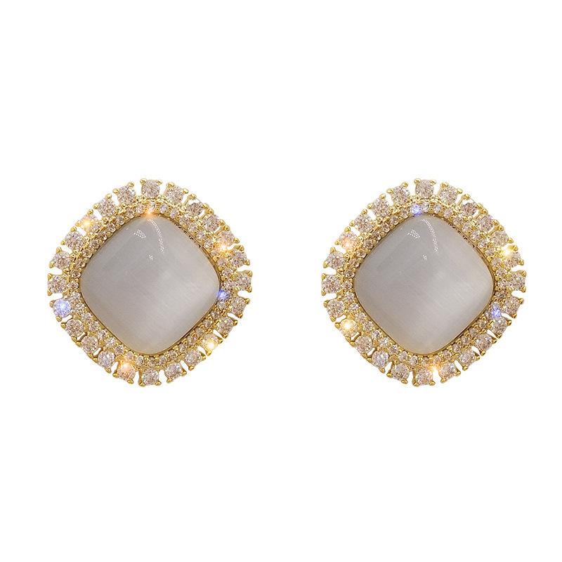 925 Korean Luxury Geometric Cat's Eye Rhinestone Stud Earrings for Women