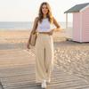 High Waist Wide Leg Pants for Women Elastic Waistband Loose Fit Lightweight Linen Trousers Casual Style