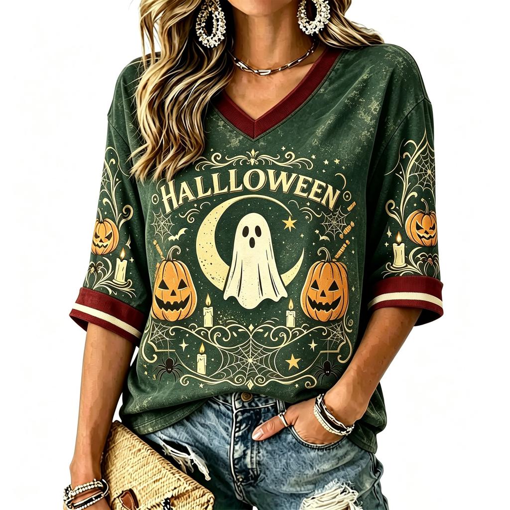Women's Casual Halloween Print V-Neck T-Shirt for Holiday Party