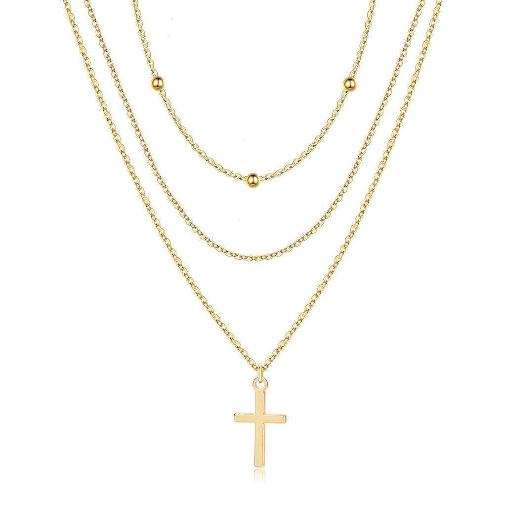 European Three-Layer Gold Beaded Cross Necklace - Fashion Bestseller