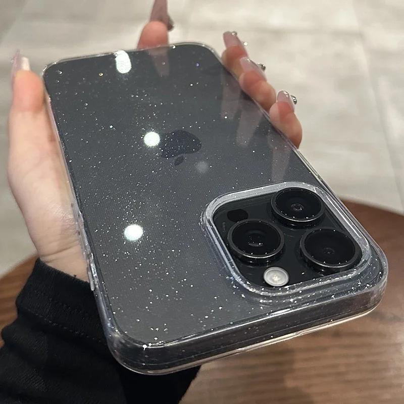 Trransparent Glitter Case For iPhone 15 14 13 11 12 Pro Max Plus X XS Max XR Bling Clear Soft Silicone Cover funda