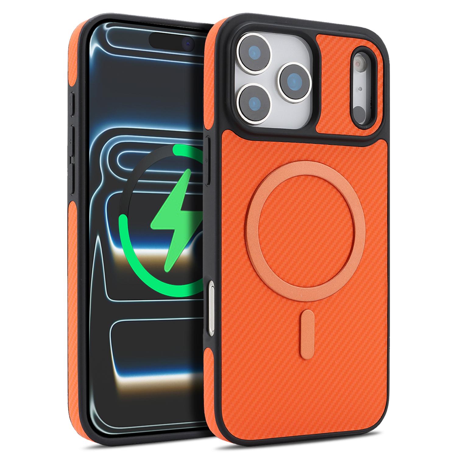 

Luxury Carbon Fiber Magnetic Leather Phone Case For iPhone 17 Pro Max 16 Plus 15 14 13 12 For Magsafe Shockproof Slim Fit Cover iPhone 13 Pro оранжевый