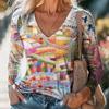 Ladies Spring Autumn Long Sleeve V Neck Loose Printed Pullover T Shirt Blouse Top