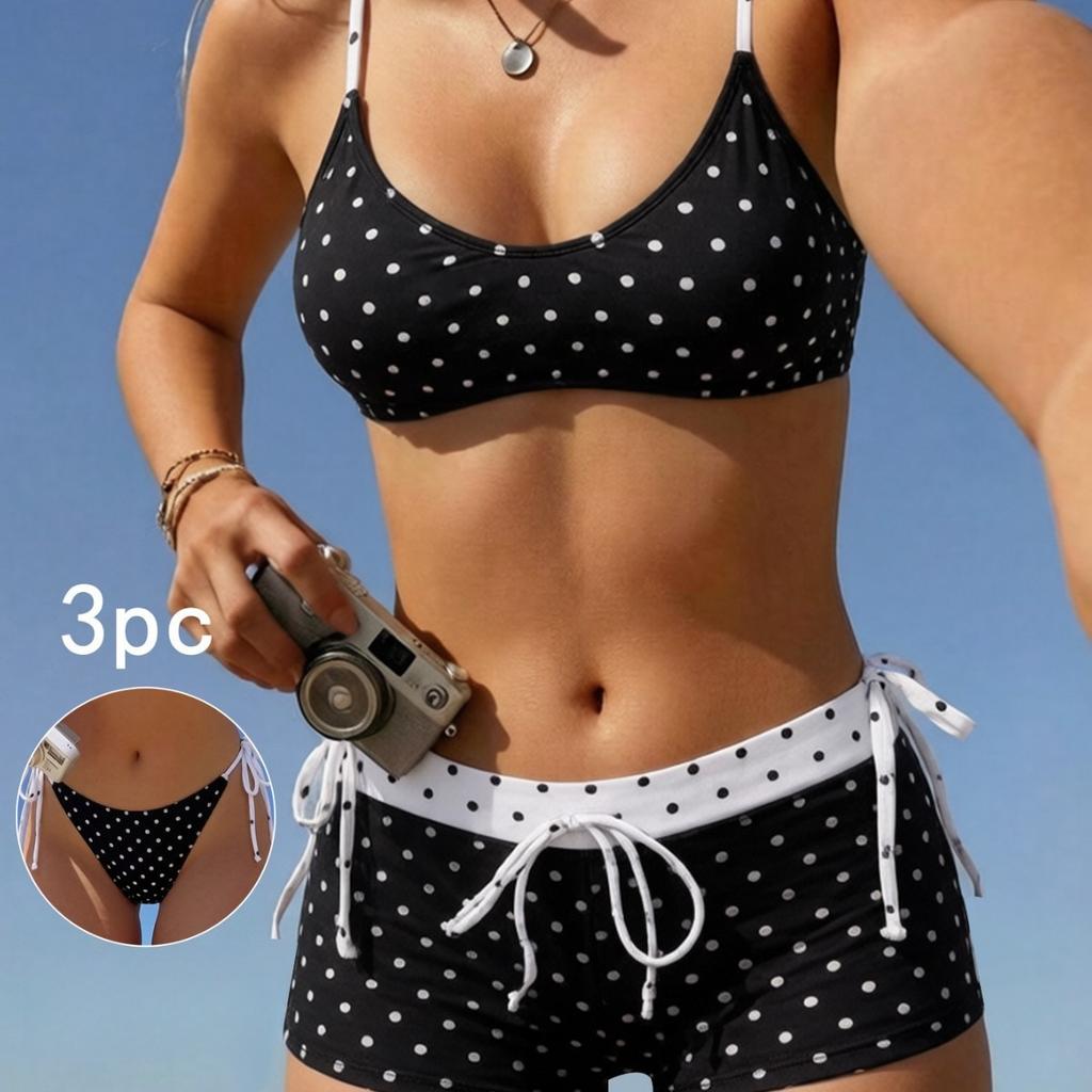 Set Bikini Două Piese cu Imprimeu Buline și Pantaloncini Set Trei Piese Elegant Modest