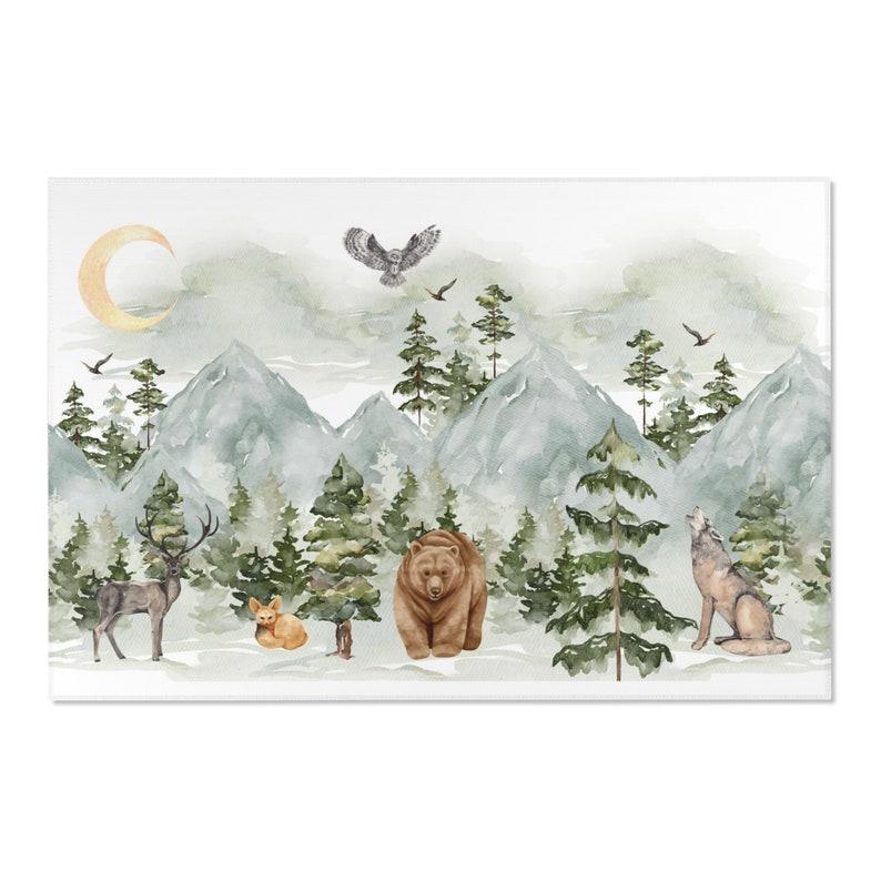 Mountain Woodland Animal Area Rug for Nursery Kids' Bedroom Carpet Nature Theme Floor Mat Kids Room Decor Floor Rug