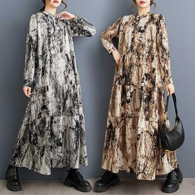 2025 Round Neck Long Sleeve Loose Skirt Women's Big Size Middle Aged Mom Dress