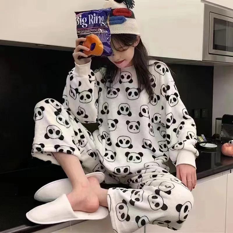 Caldo Abbigliamento da Notte per l'Invernoispessito Taglia Plus Coral Velvet Pigiama Donna Caldo Manica Lunga Tinta Unita Plaid Pantaloni Tuta Casa Se