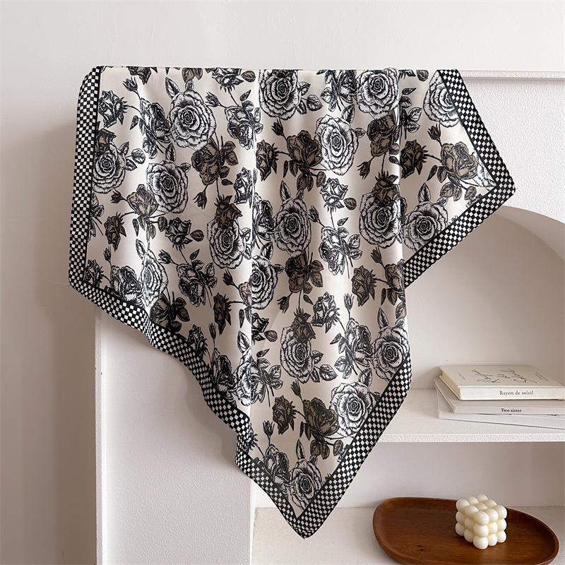European and American rose small square scarf simulation silk scarf headscarf women's spring and summer scarf printed neck protection scarf profession