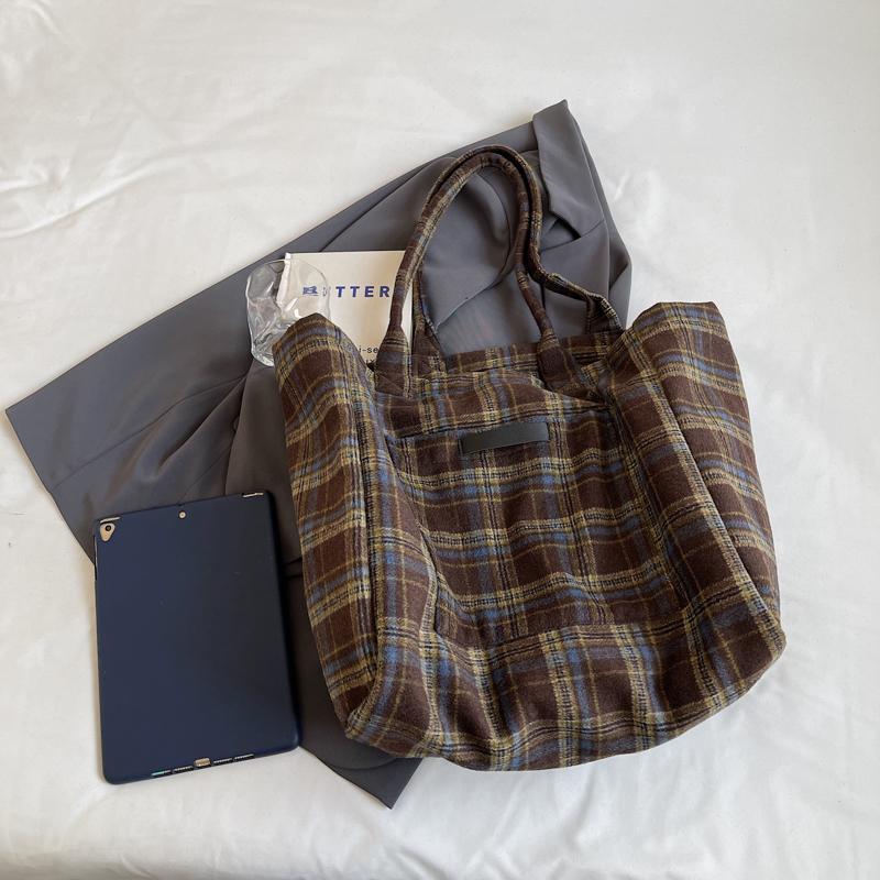 Woolen Plaid Big Bag Women's Portable Tote Bag Commuter Shoulder Bag