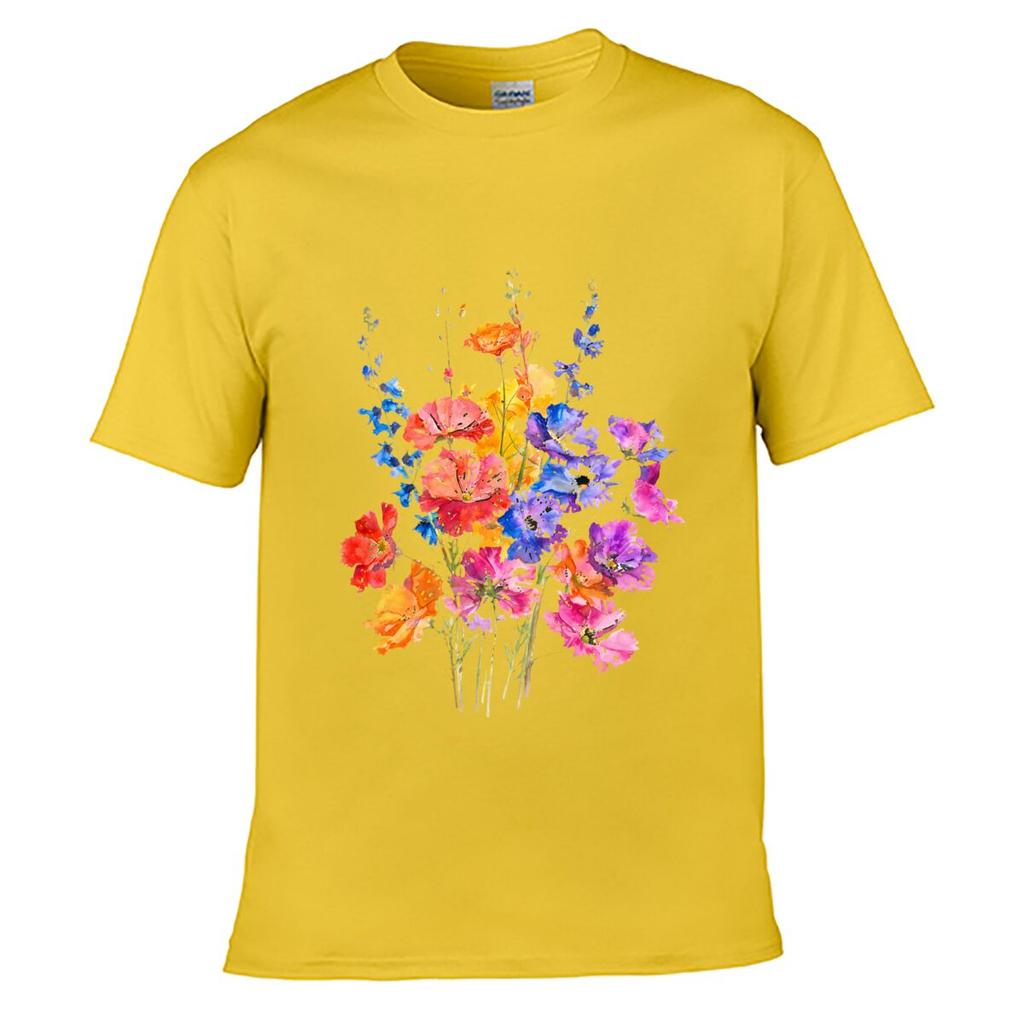 Colorful Wildflowers Watercolor Floral Bouquet Botanical Art Unisex Summer Washed Tee Loose Distressed Top