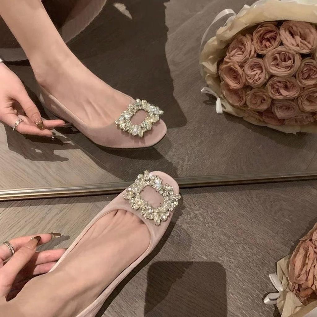 Rhinestone high heels versatile commuter flats women's shoes French black square head temperament single shoes autumn and summer new models