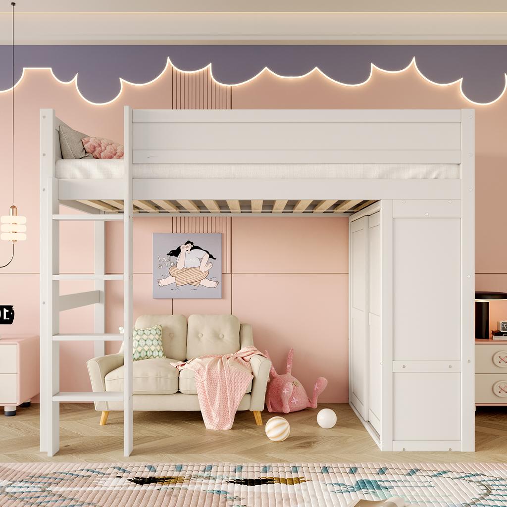 90*200Cm loft bed, versatile children's bed, equipped with wardrobe, storage compartment, open under-bed space, without mattress, pine wood, white