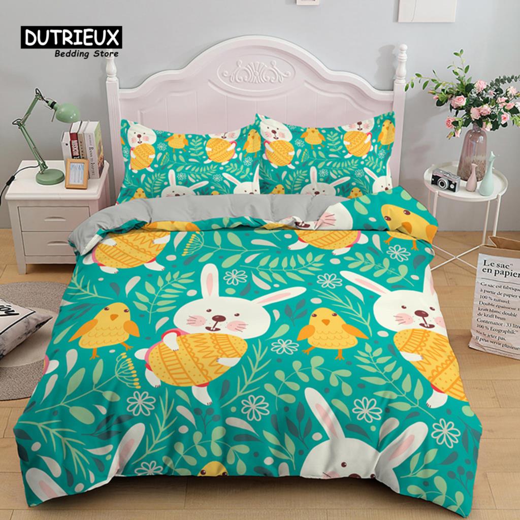 Soft Easter Eggs Print Duvet Cover Happy Easter Cartoon Rabbit Toddler Bedding Sets Twin King Queen Size Microfiber Quilt Cover
