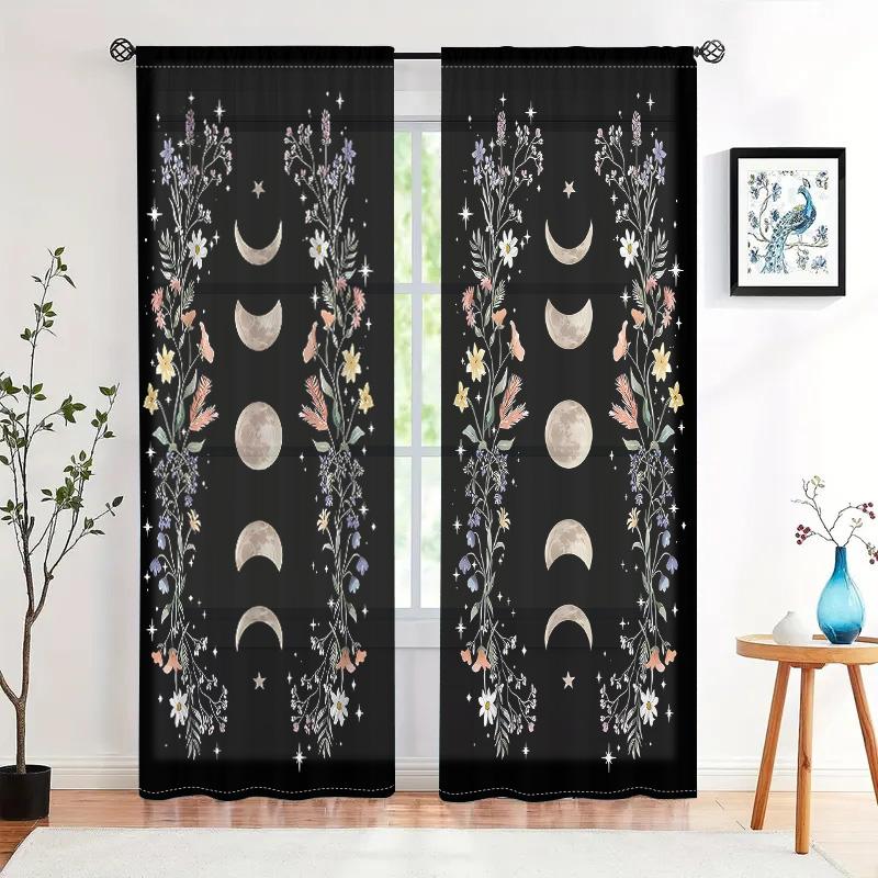 2 Pieces, Bohemian Flowers, Sun and Moon, Gothic Aesthetic, Green Leaf Window Treatment - Living Room, Bedroom, Home Decoration