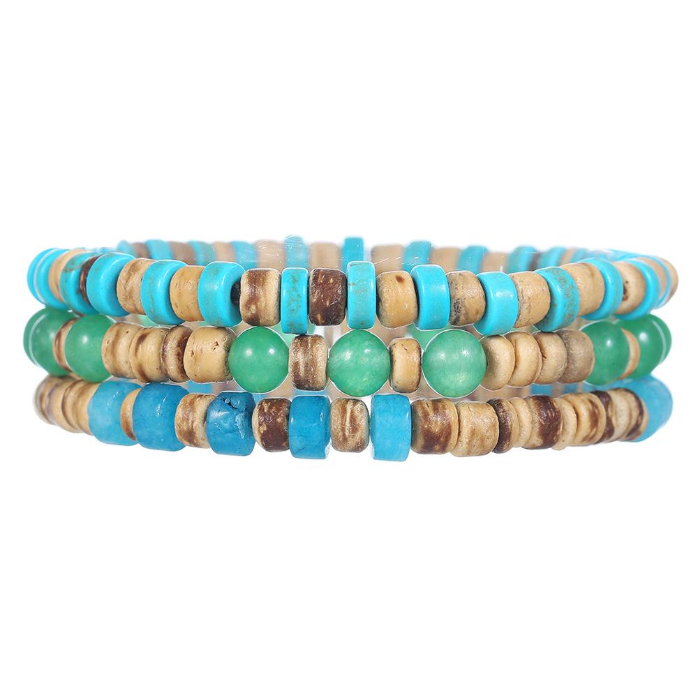 Natural Stone Wood Chip Coconut Shell Elastic Beaded Bracelet Set Retro Couple Beach Bracelet