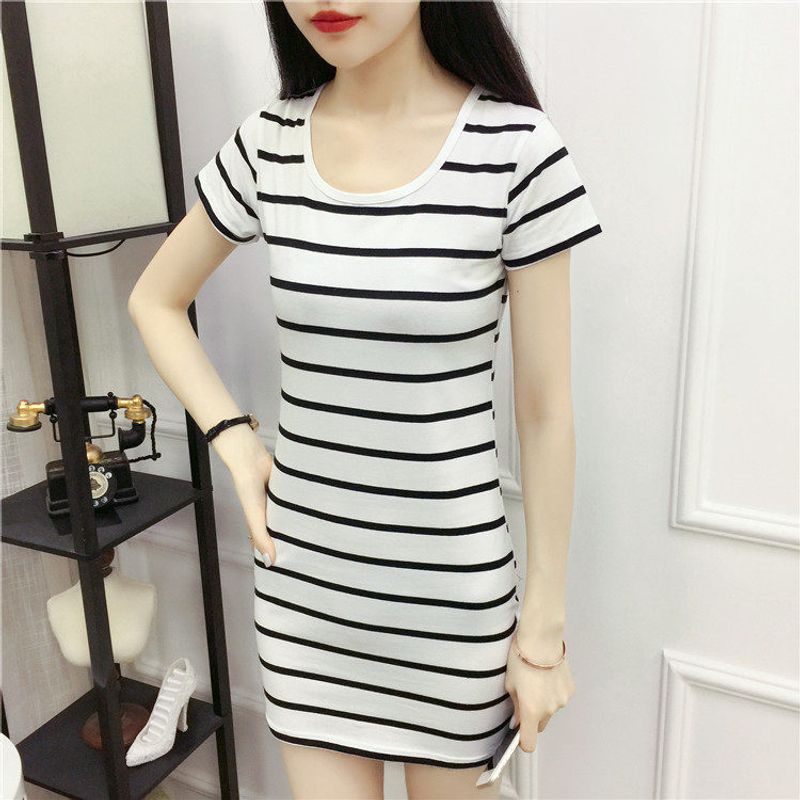 

2025 Summer New Korean Style Versatile Mid-Length Striped Short-Sleeve T-Shirt for Women, Slim-Fit Base Shirt Top Trendy White 1-3 Stripes XXL