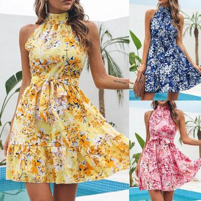 Fashion Women Bohemian Style Summer Holiday Beach Sleeveless  Flower Printed One Piece Dress
