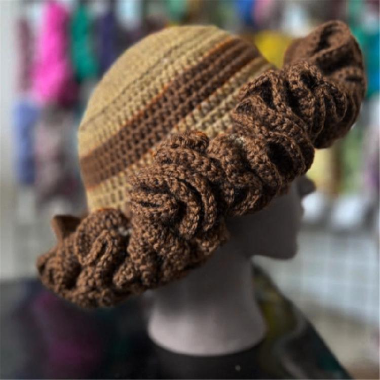 Handcrochet Bucket Hat for Women with Patchwork Ruffle Trim Elegant Fisherman Hat Photography Travel Floppy Bucket Hat