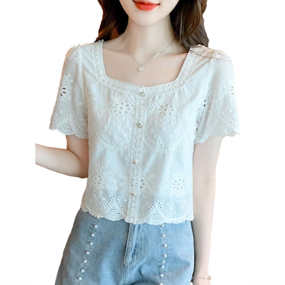 Sommer 2023 Retro Hohlspitze Quadratischer Ausschnitt Kurzarm Damen Schlankmachendes Oberteil
