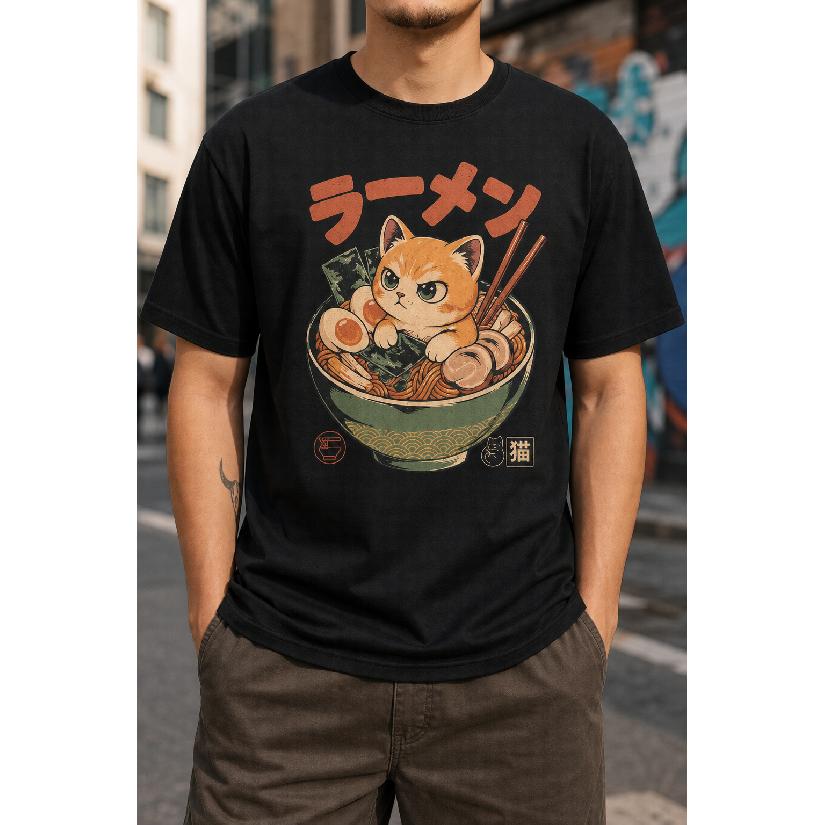 Plus Size - Men's T-Shirt S-5XL Featuring a Cute Cat In A Ramen Bowl Graphic Print - a Casual Short-Sleeve Round-Neck Top With a Relaxed Fit,
