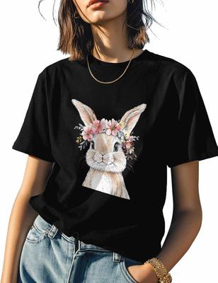 T Shirts for Women Graphic Tees Easter Bunny Crew Neck Short Sleeve Shirts for Women Watercolor Flower Casual T-Shirt