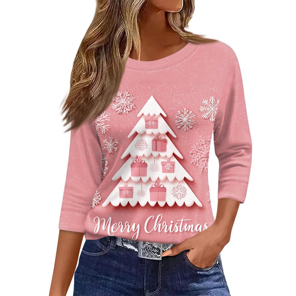 Women's O-Neck 3/4 Sleeve Christmas Print Top