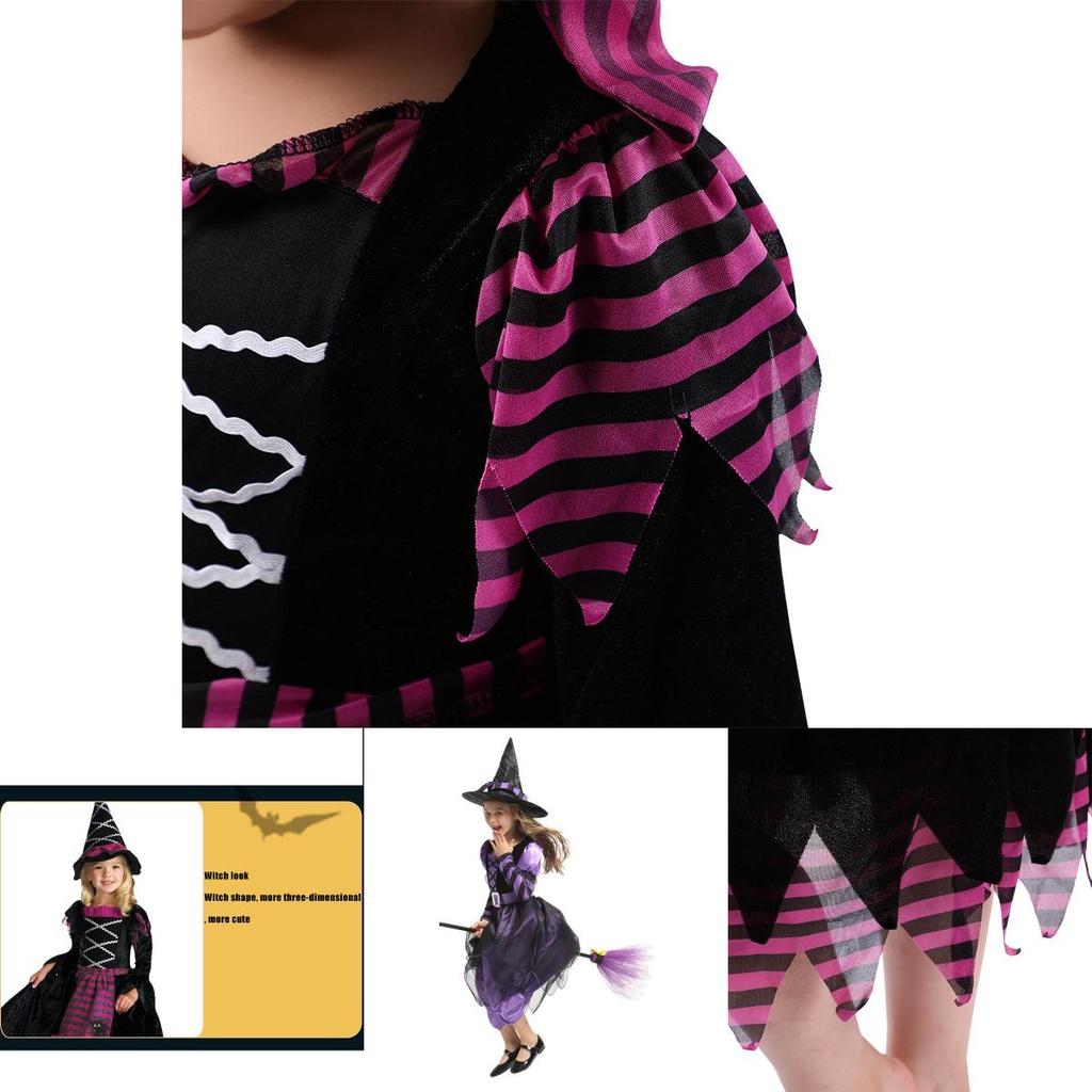 Vynikající dětský halloweenský kostým čarodějnice z hedvábné látky a propracovaných detailů