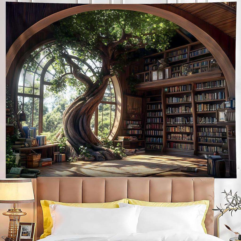Magic School Bookshelf Tapestry Study Room Picture Large Book Tree House Medieval Tapestries Dorm Wall Art for Home Decor