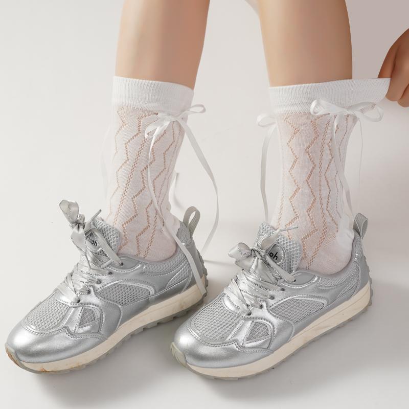 Lange Damen Socken Hohe Qualität Einfarbig Schleife Süße Socken Femme Netz Aushöhlen Niedlich JK Damen Ballett Bequeme Lockere Socken