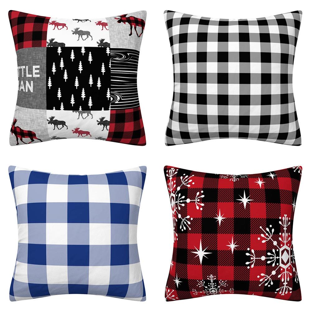 

Red Check Cushion 30X50 Linen Pillowcase Elk Christmas Decoration Pillow Sofa Cushion