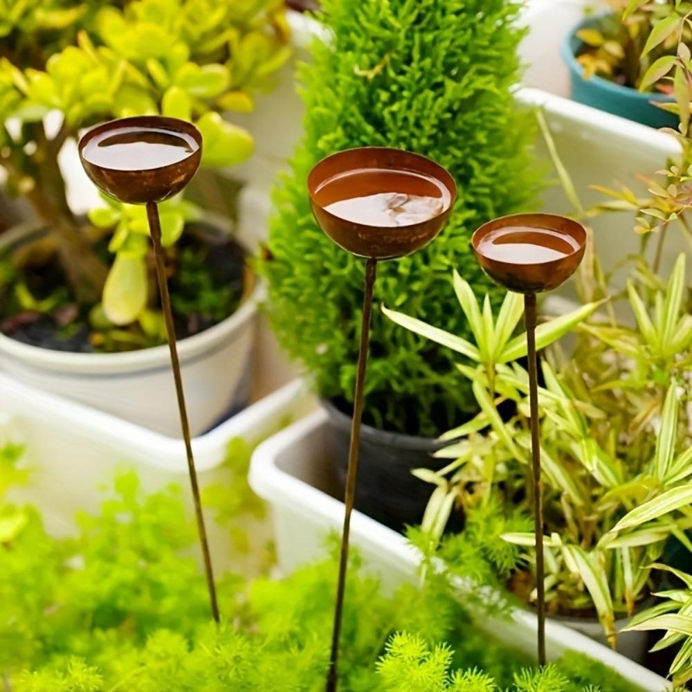 Long Stem Metal Bird Bath Vintage Weathered Insect Watering Station Rain Collectors Garden Stakes