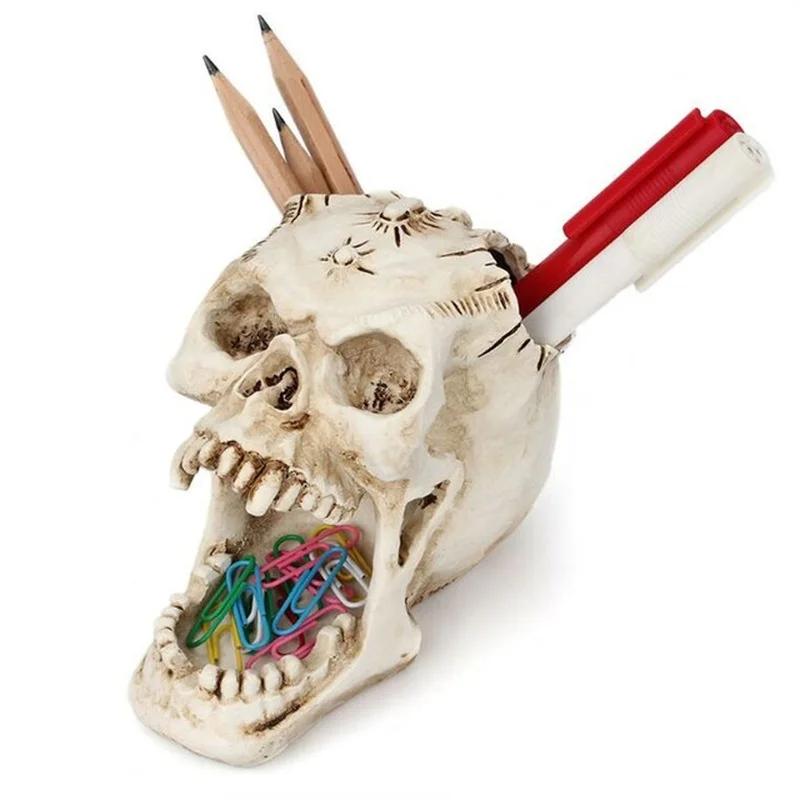 Creative Skull Pen Holder Resin Craft Desktop Accessories Storage Box Container Sculpture Pencil Home Decoration Pens Organizer