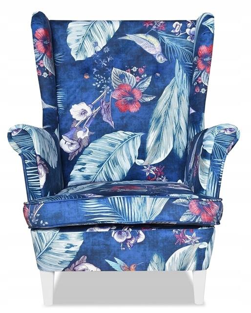 Fotel uszak ARI PRINT z podnóżkiem skandynawski Family Meble niebieski